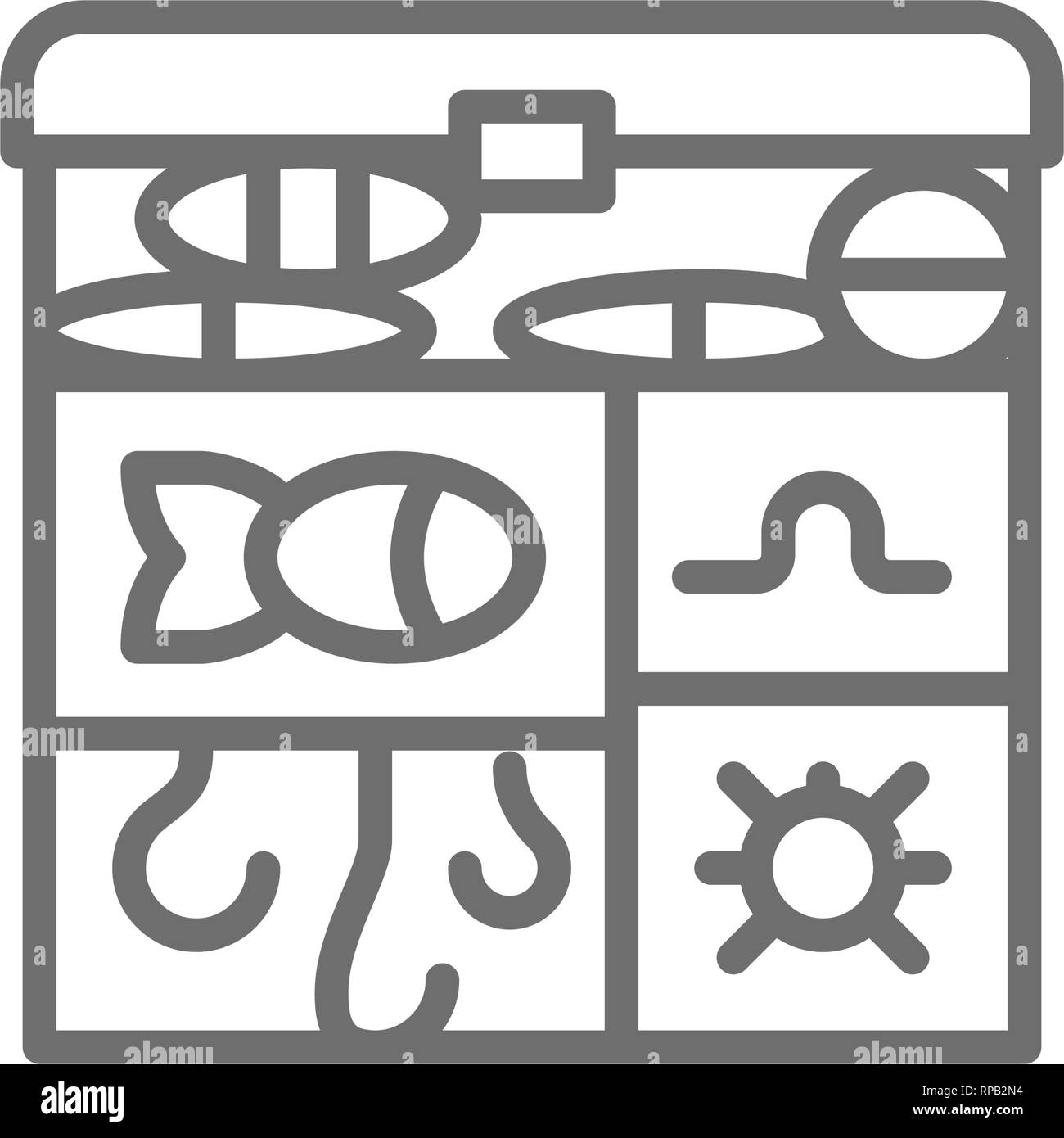 Fishing tackle box, hooks, baits line icon. Stock Vector