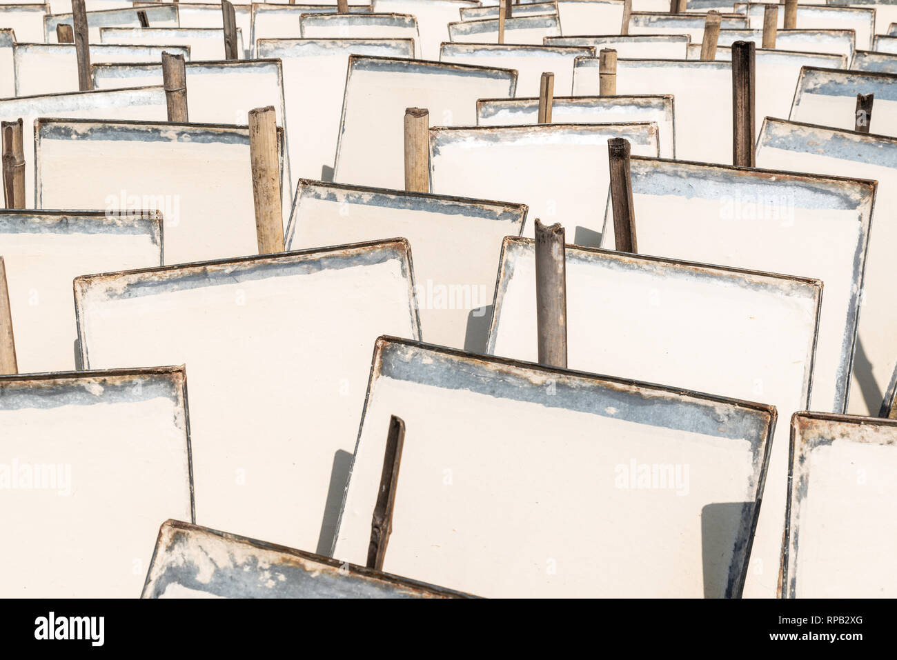 Traditional Nepalese handmade lokta paper sheets drying in the sun, in