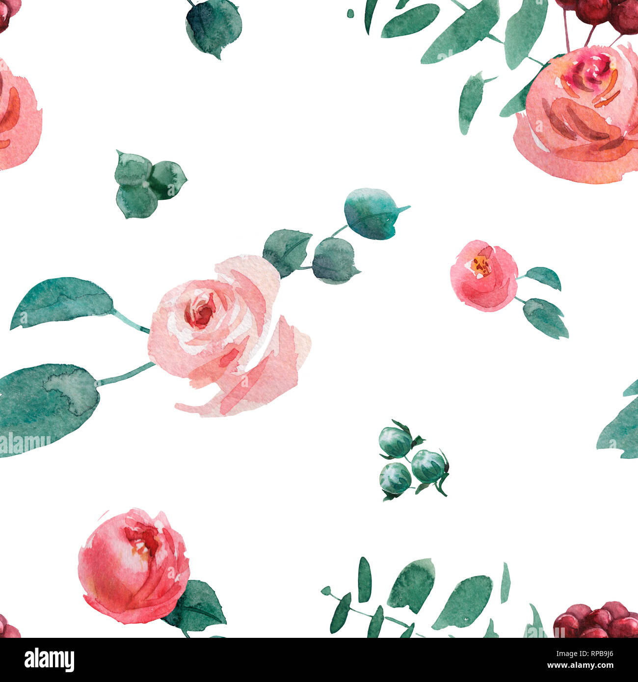 Wedding bridal watercolor seamless pattern, red and pink green flowers ...