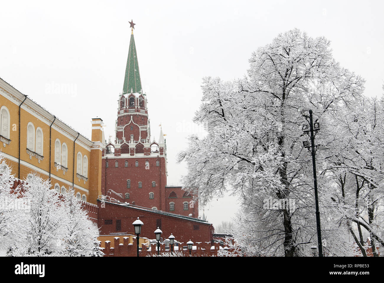 Snowfall in Moscow, Kremlin tower and wall with snow covered trees. Troitskaya tower in the Alexander garden, cold winter weather, scenic view Stock Photo