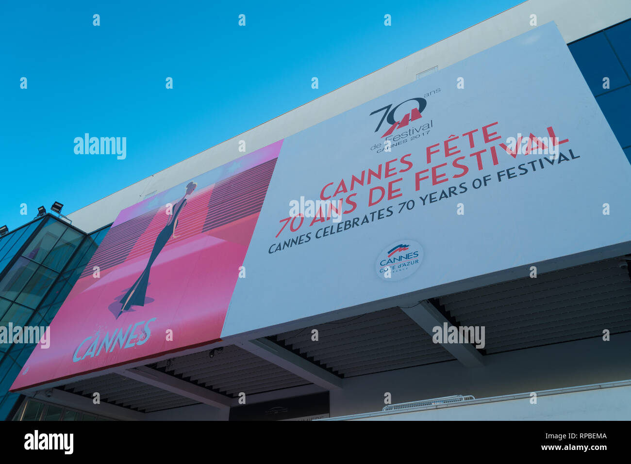 CANNES, FRANCE - OCTOBER 26, 2017: Banner of the famous Grand Auditorium Louis Lumiere during the 70th anniversary of the festival Stock Photo