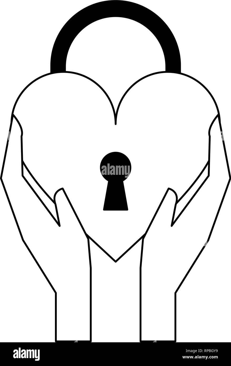 hands holding heart padlock symbol isolated black and white Stock ...