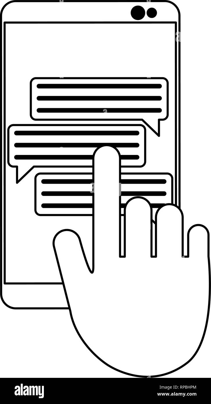 smartphone chat and hand touching screen black and white Stock Vector ...