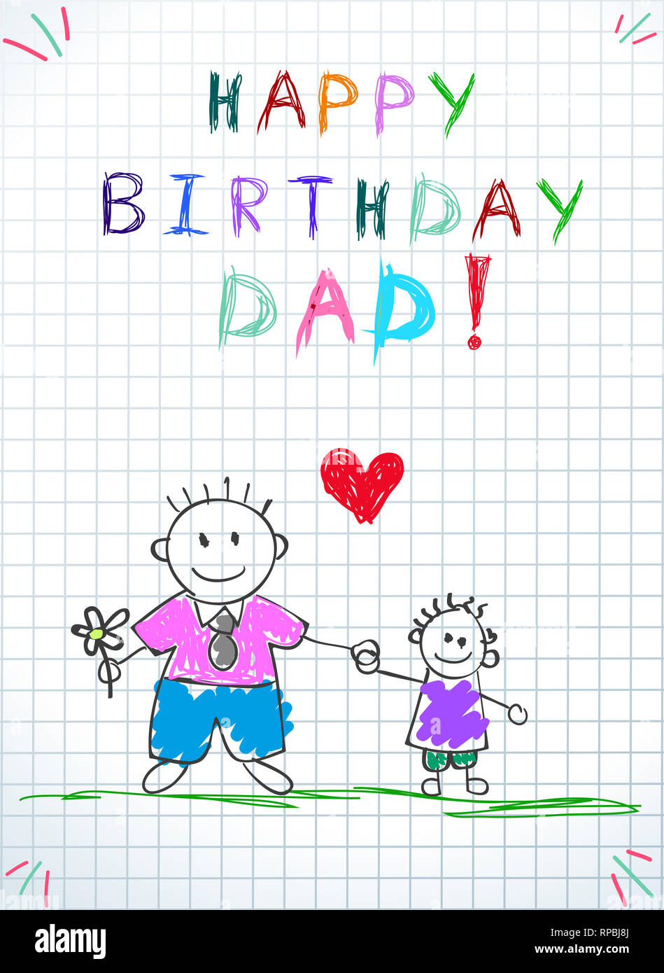 Happy Birthday Dad. Children Colorful Hand Drawn Illustration of ...