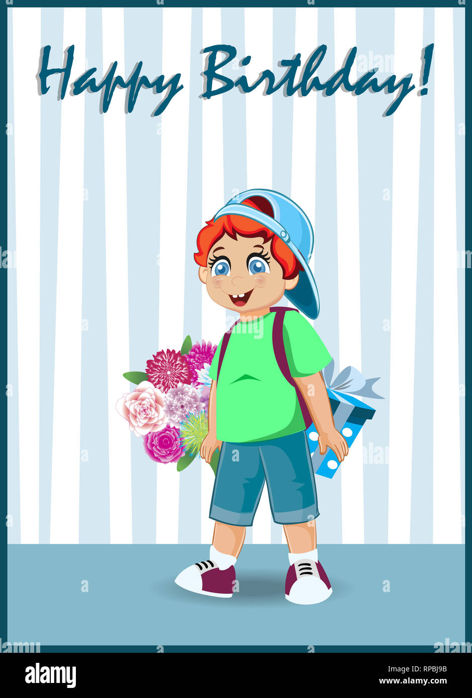Happy Birthday Greeting Card of Cute Little Red Head Boy with Bunch  Beautiful Flowers and Gift Box Stand in Room with Striped Wallpaper. Kawaii  Baby C Stock Photo - Alamy