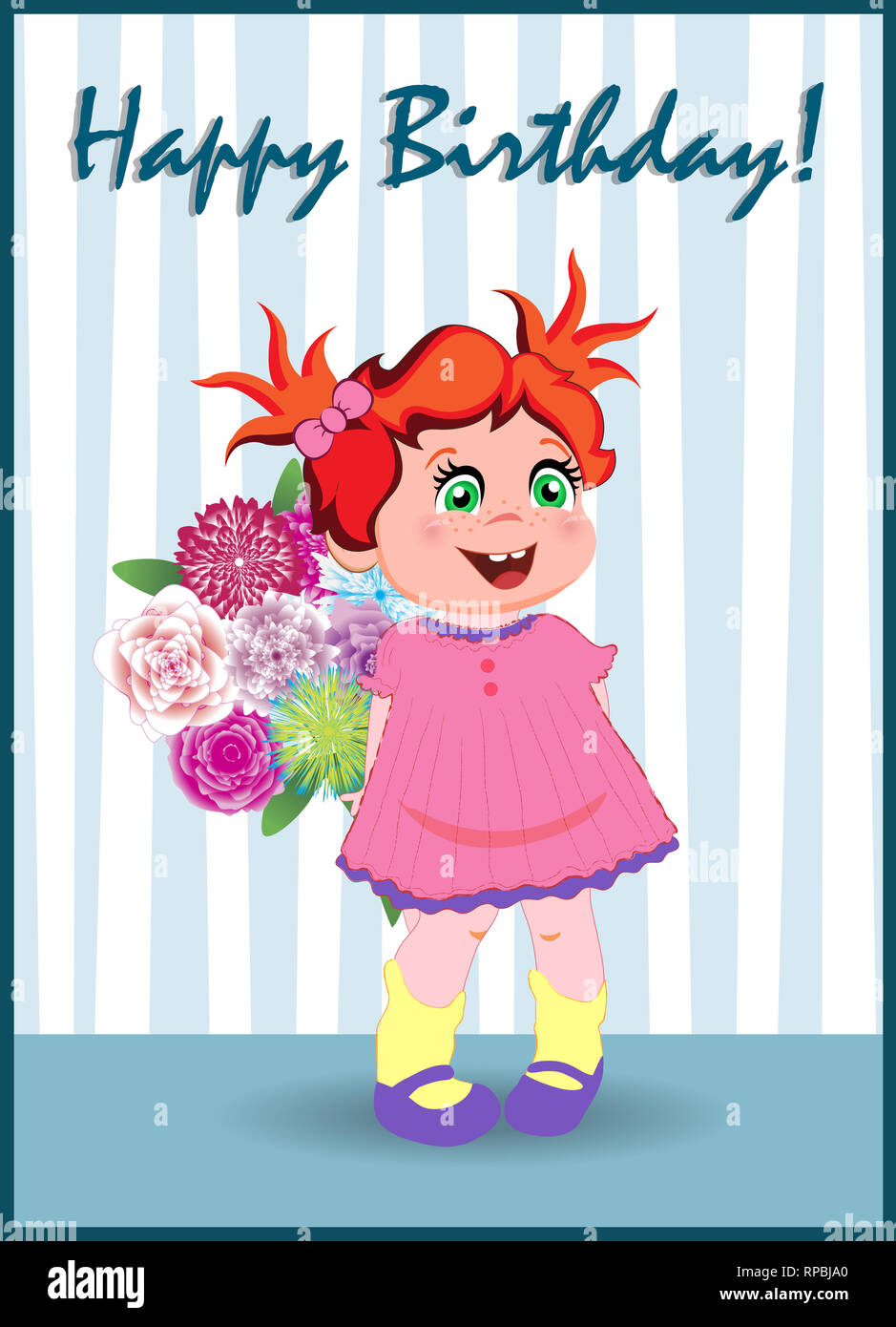 Happy Birthday Greeting Card of Cute Little Red Head Girl in Pink Dress  with Bunch Beautiful Flowers Stand in Room with Striped Wallpaper. Kawaii  Baby Stock Photo - Alamy