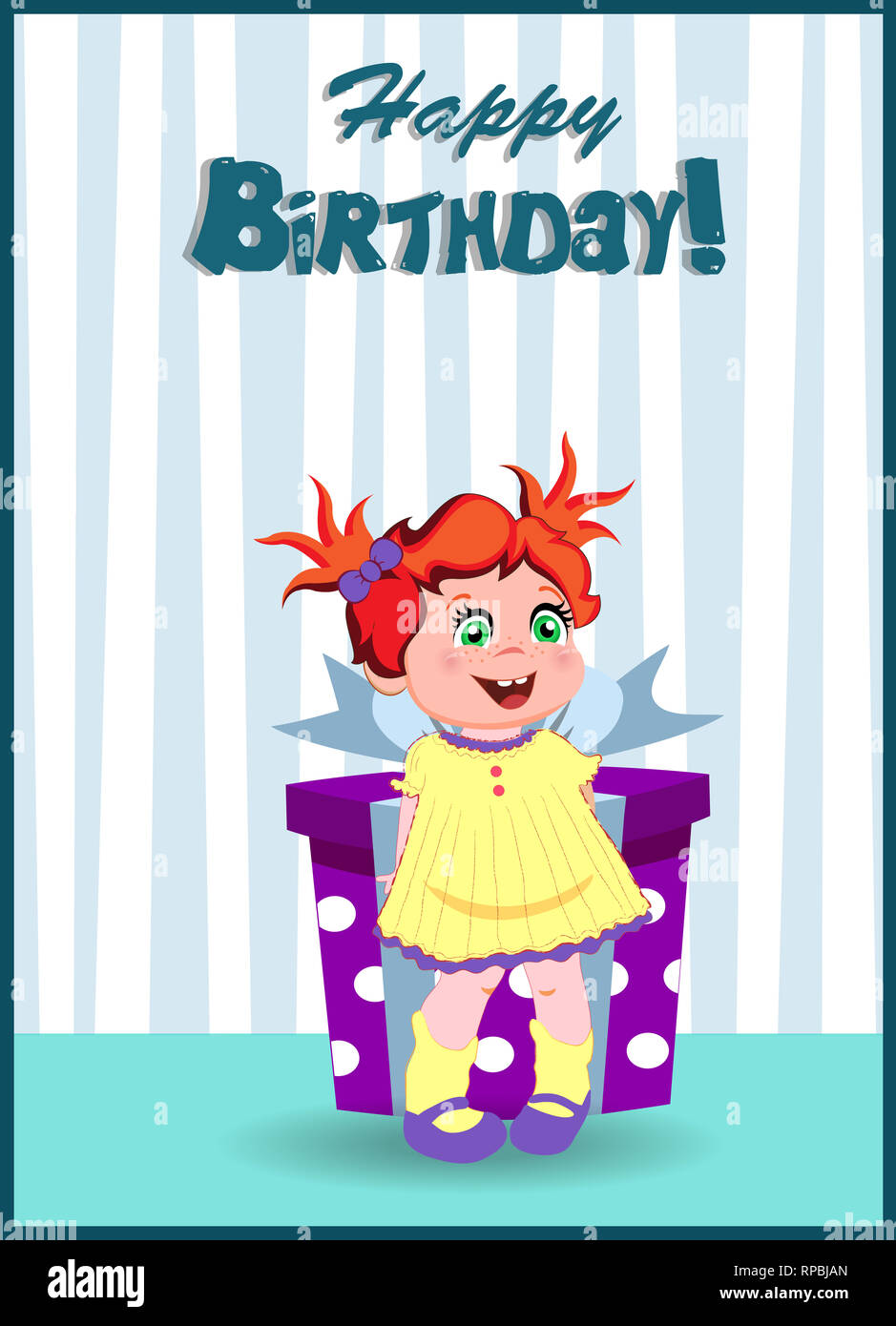 Happy Birthday Greeting Card Of Cute Cartoon Little Girl Character