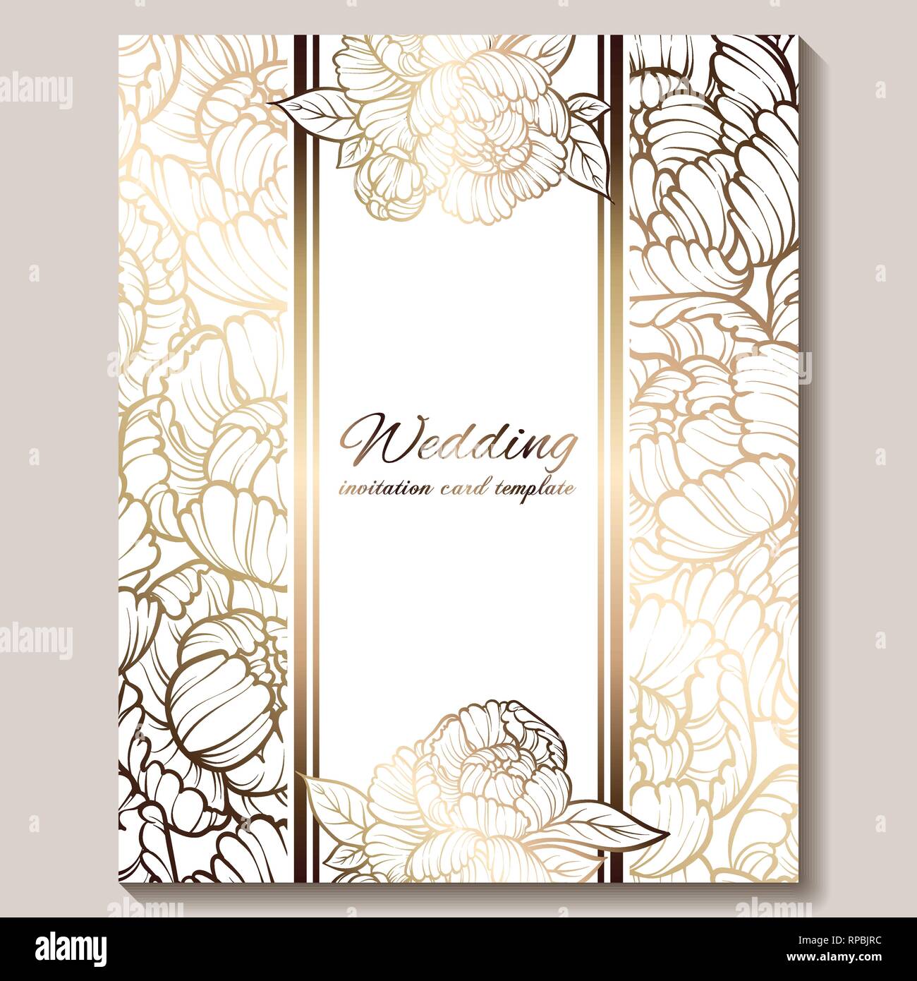Antique royal luxury wedding invitation, gold on white background with  frame and place for text, lacy foliage made of roses or peonies with shiny  grad Stock Vector Image & Art - Alamy