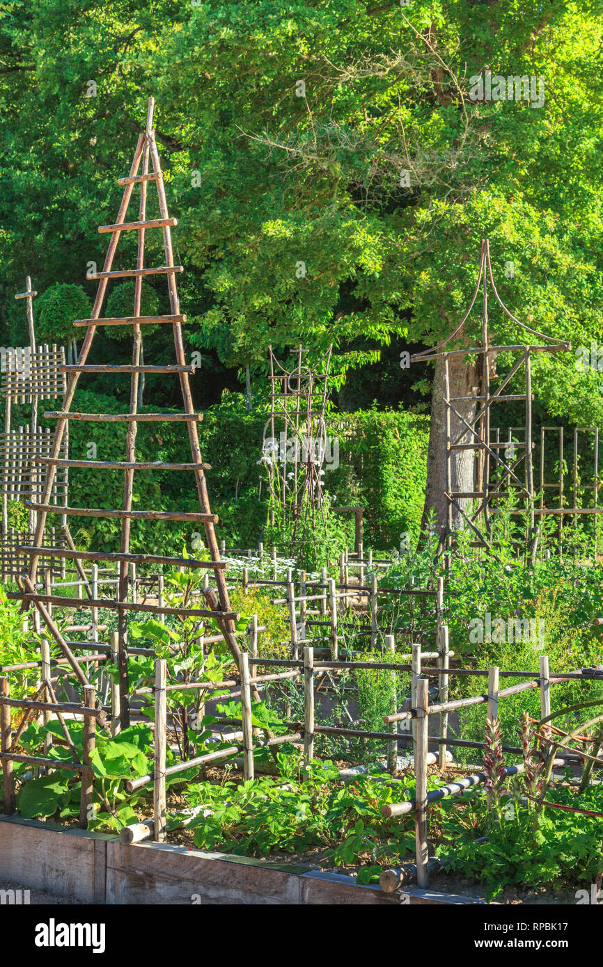 Orsan priory garden, France : the Simples Garden, medicinal herb garden with sweet chestnut tree structures (obligatory mention of the garden name and Stock Photo