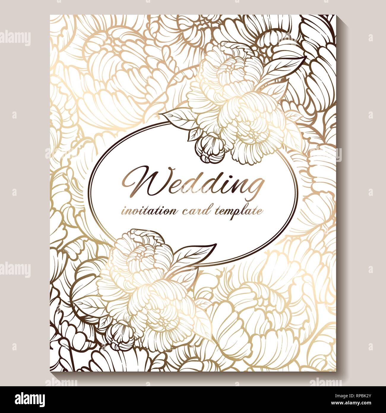 Antique royal luxury wedding invitation, gold on white background with  frame and place for text, lacy foliage made of roses or peonies with shiny  grad Stock Vector Image & Art - Alamy