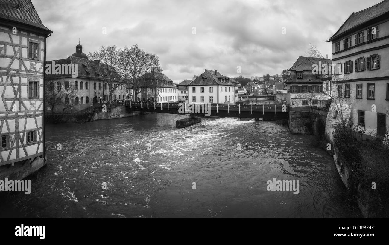 January 2019. Black and white panorama view on the river Pegnitz in Nuremberg, Germany Stock Photo