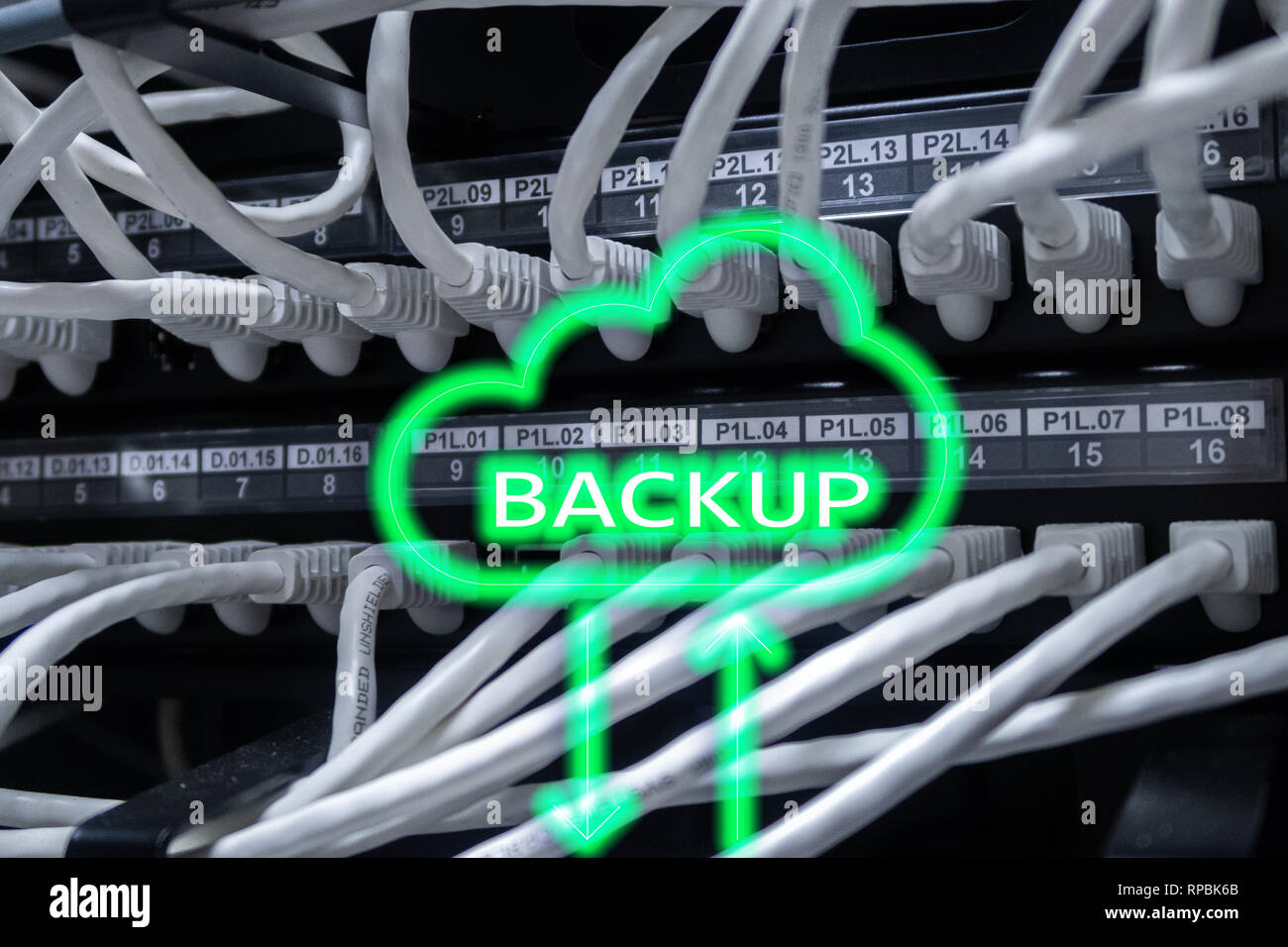 Backup button on modern server room background. Data loss prevention ...