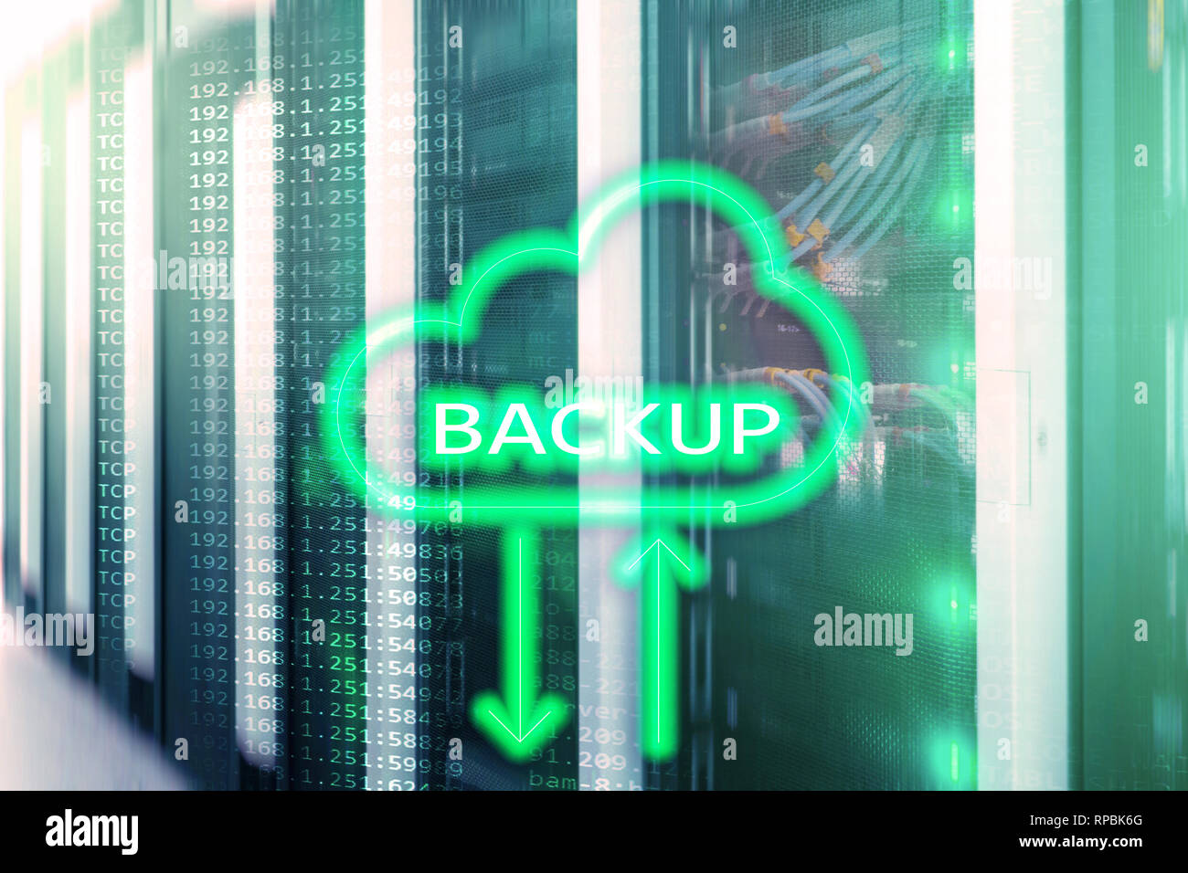 Backup button on modern server room background. Data loss prevention ...