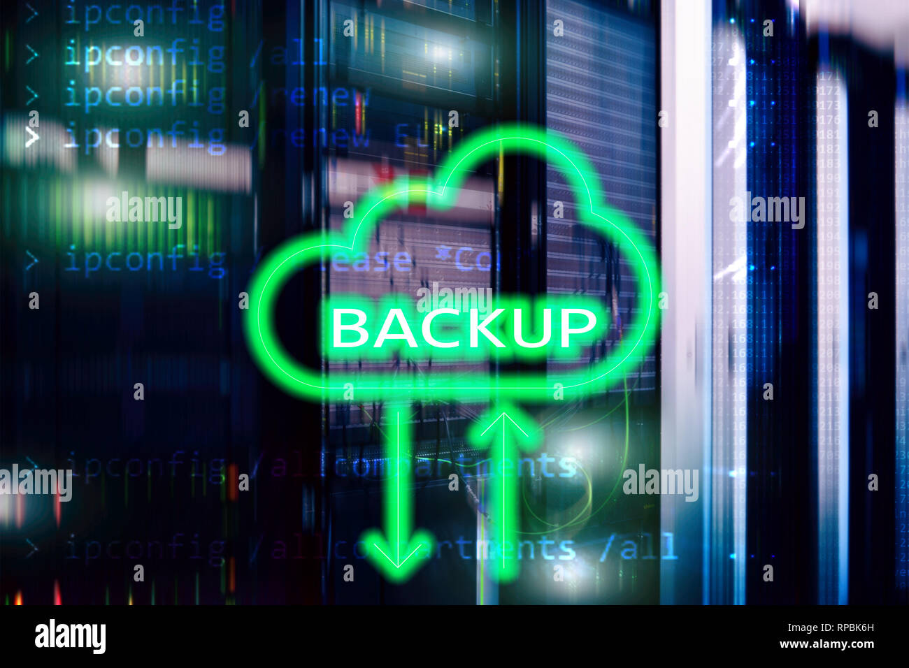 Backup button on modern server room background. Data loss prevention ...