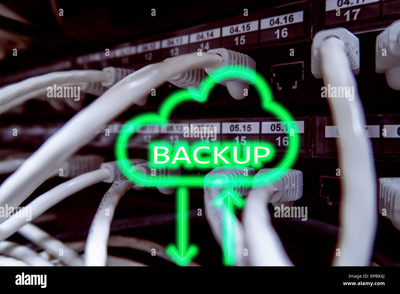 Backup button on modern server room background. Data loss prevention ...