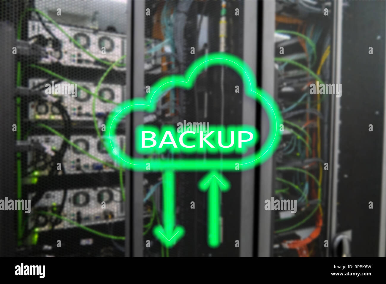 Backup button on modern server room background. Data loss prevention ...