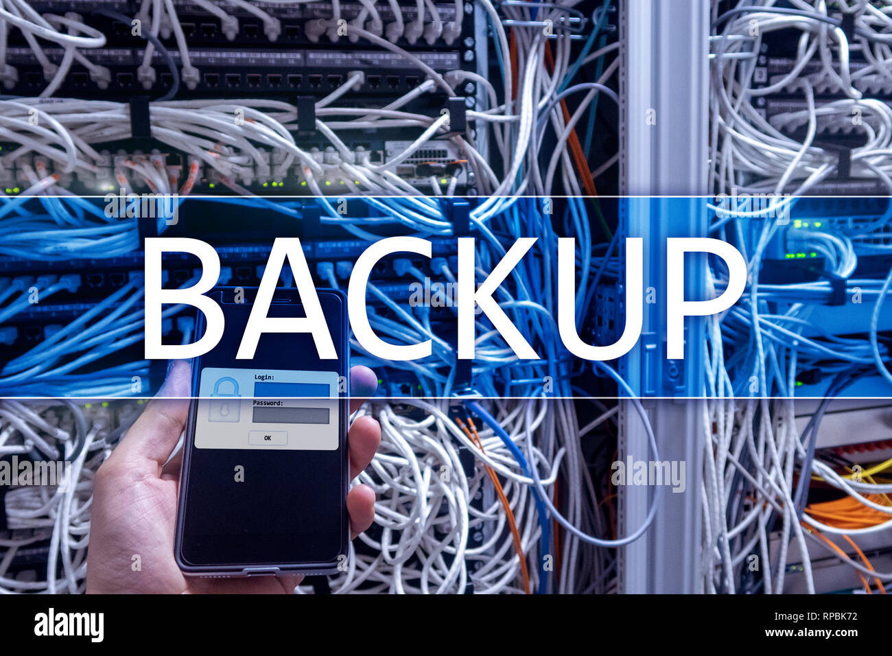 Backup button on modern server room background. Data loss prevention ...