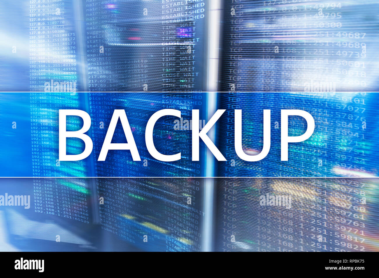 Backup button on modern server room background. Data loss prevention ...