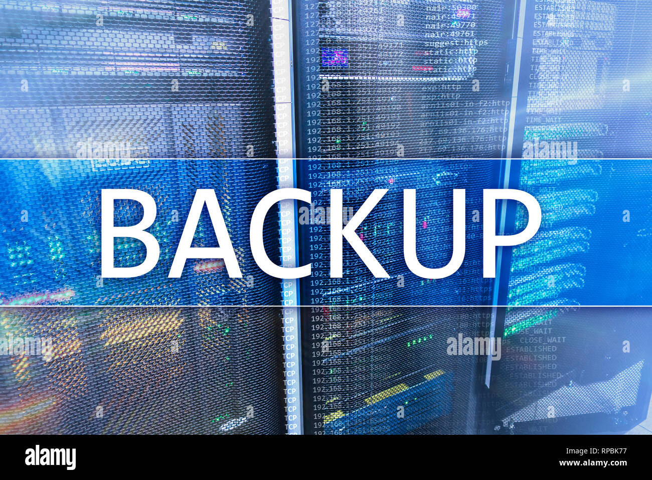 Backup button on modern server room background. Data loss prevention ...