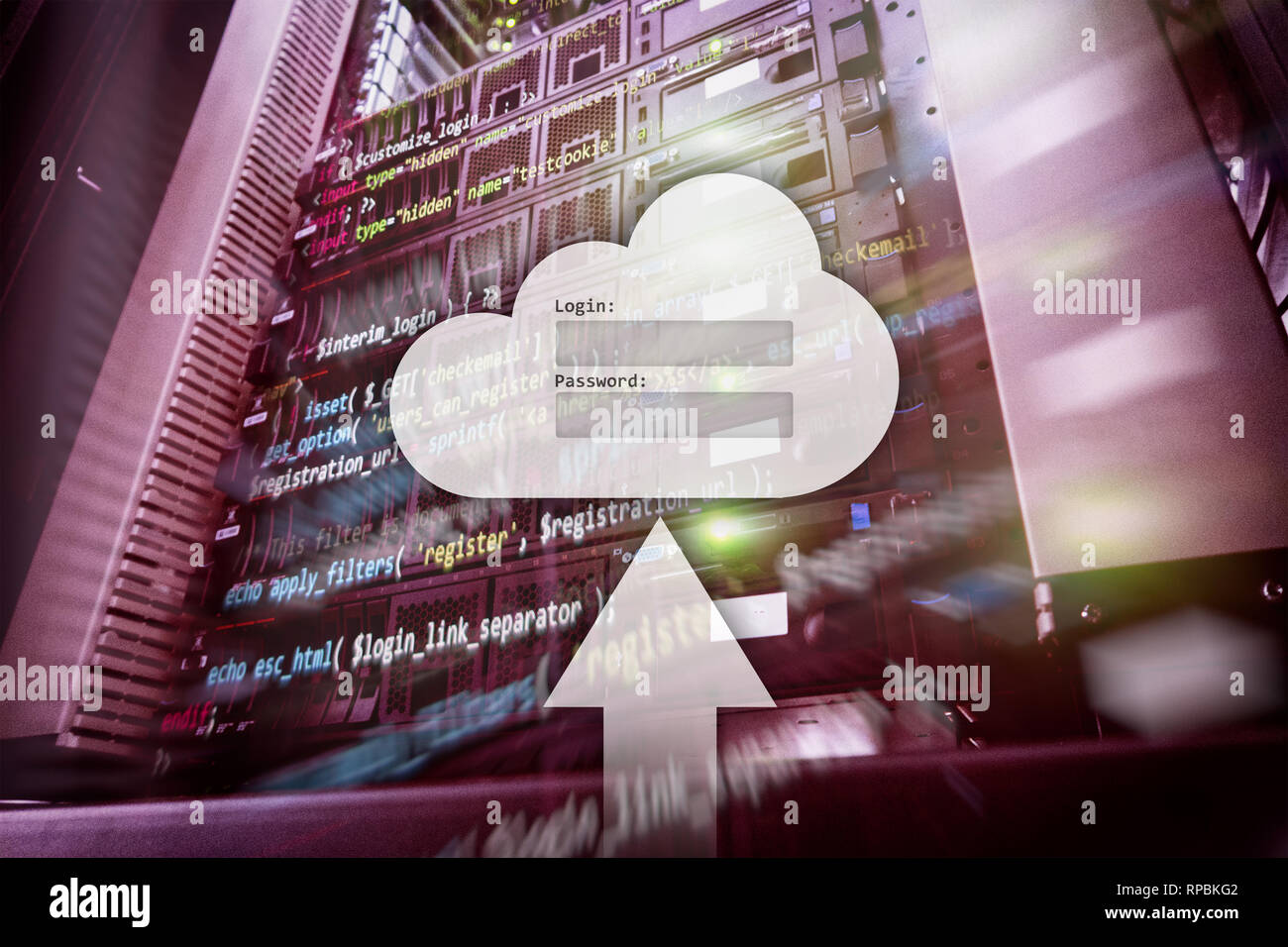 Cloud storage, data access, login and password request window on server room background. Internet and technology concept. Stock Photo