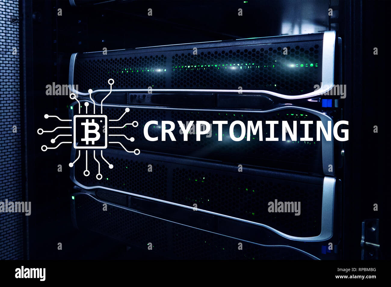 Cryptocurrency mining concept on server room background Stock Photo - Alamy