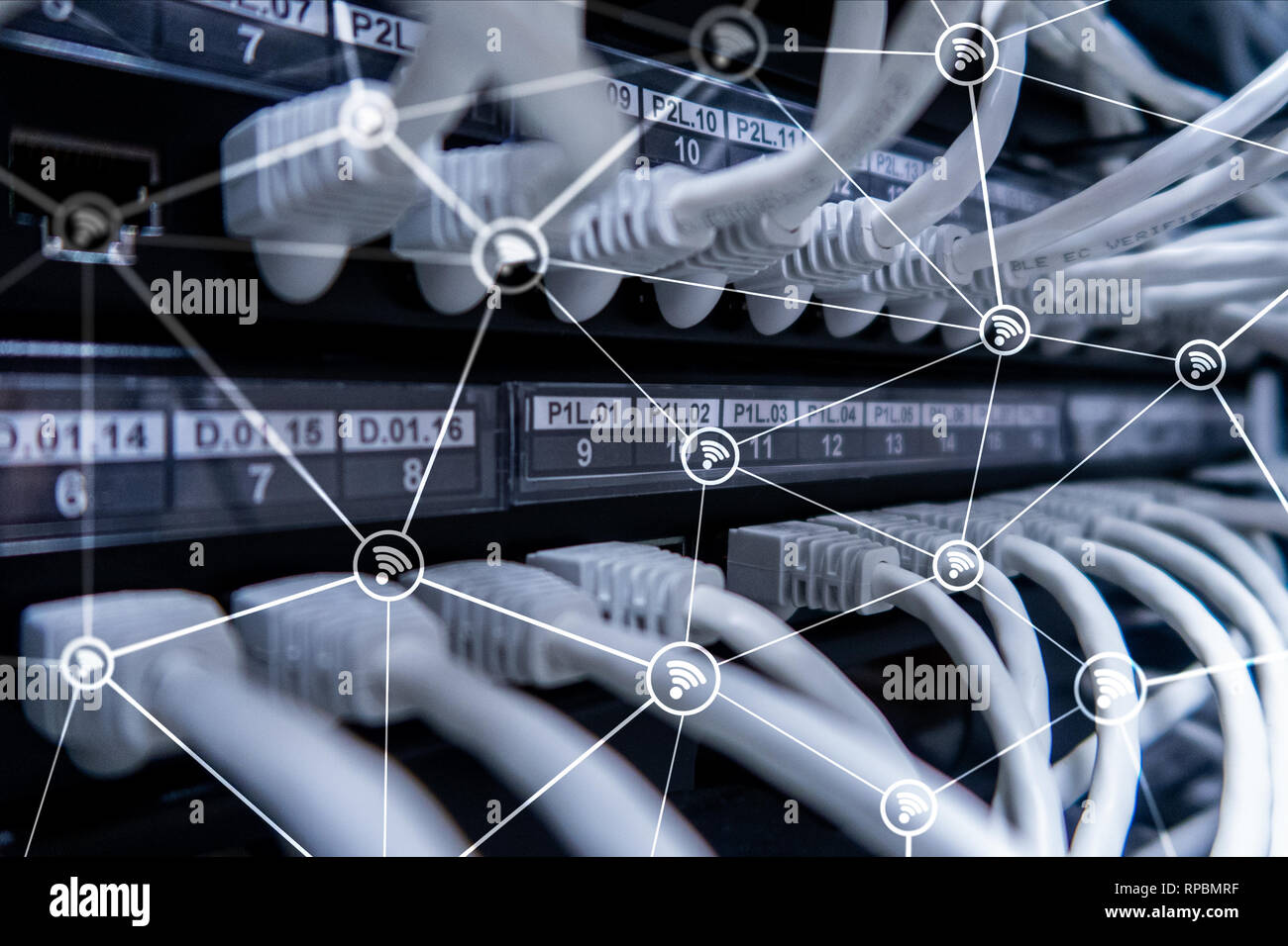 Wi fi network abstract structure on modern server room background Stock ...