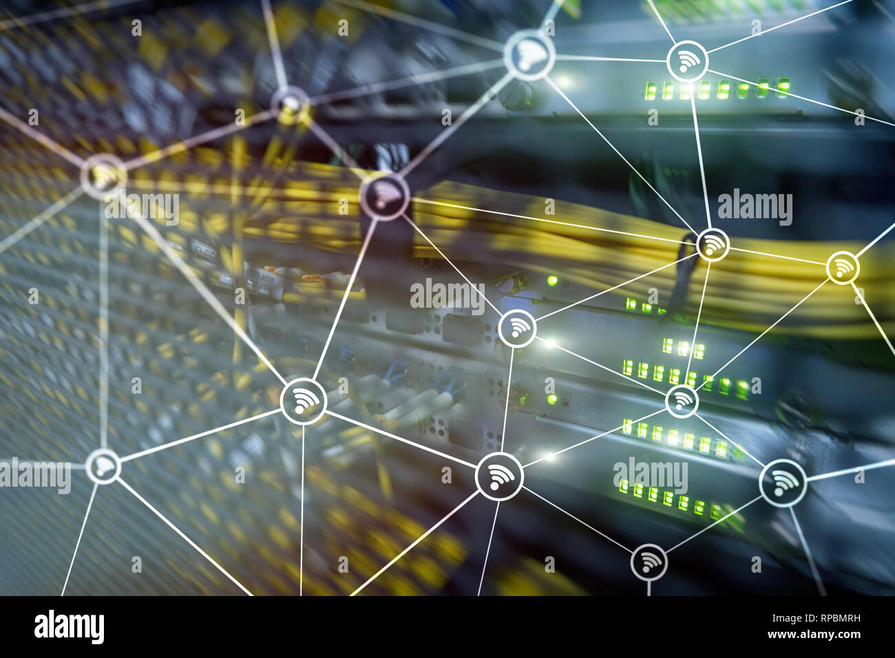 Wi fi network abstract structure on modern server room background Stock ...