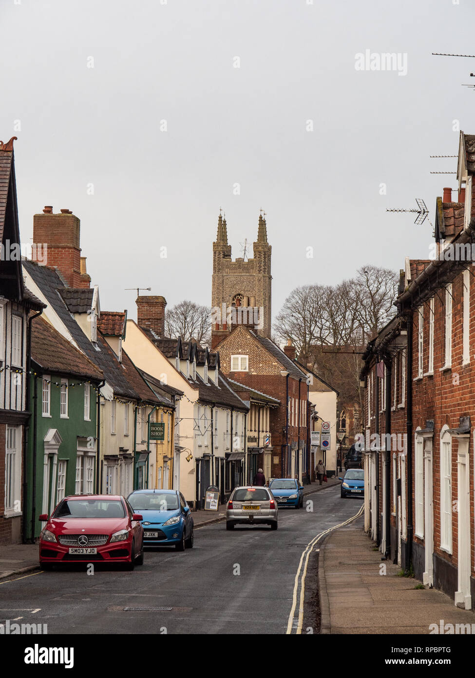 A view along Lower Olland street in Bungay, Suffolk with St Mary's