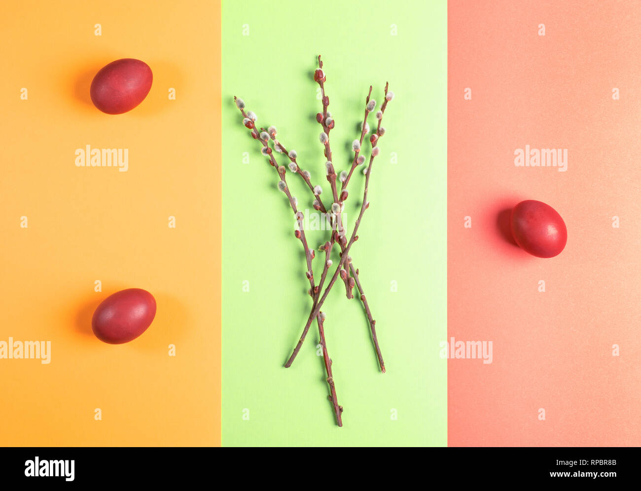 Painted Easter eggs and willow branches on three colored yellow-green-coral background.  Stock Photo