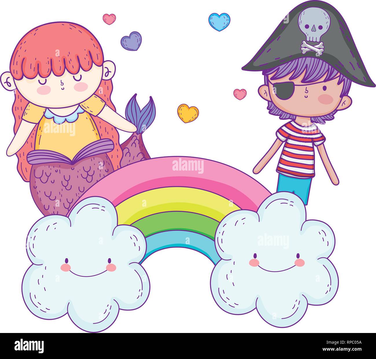 little pirate with mermaid in clouds Stock Vector