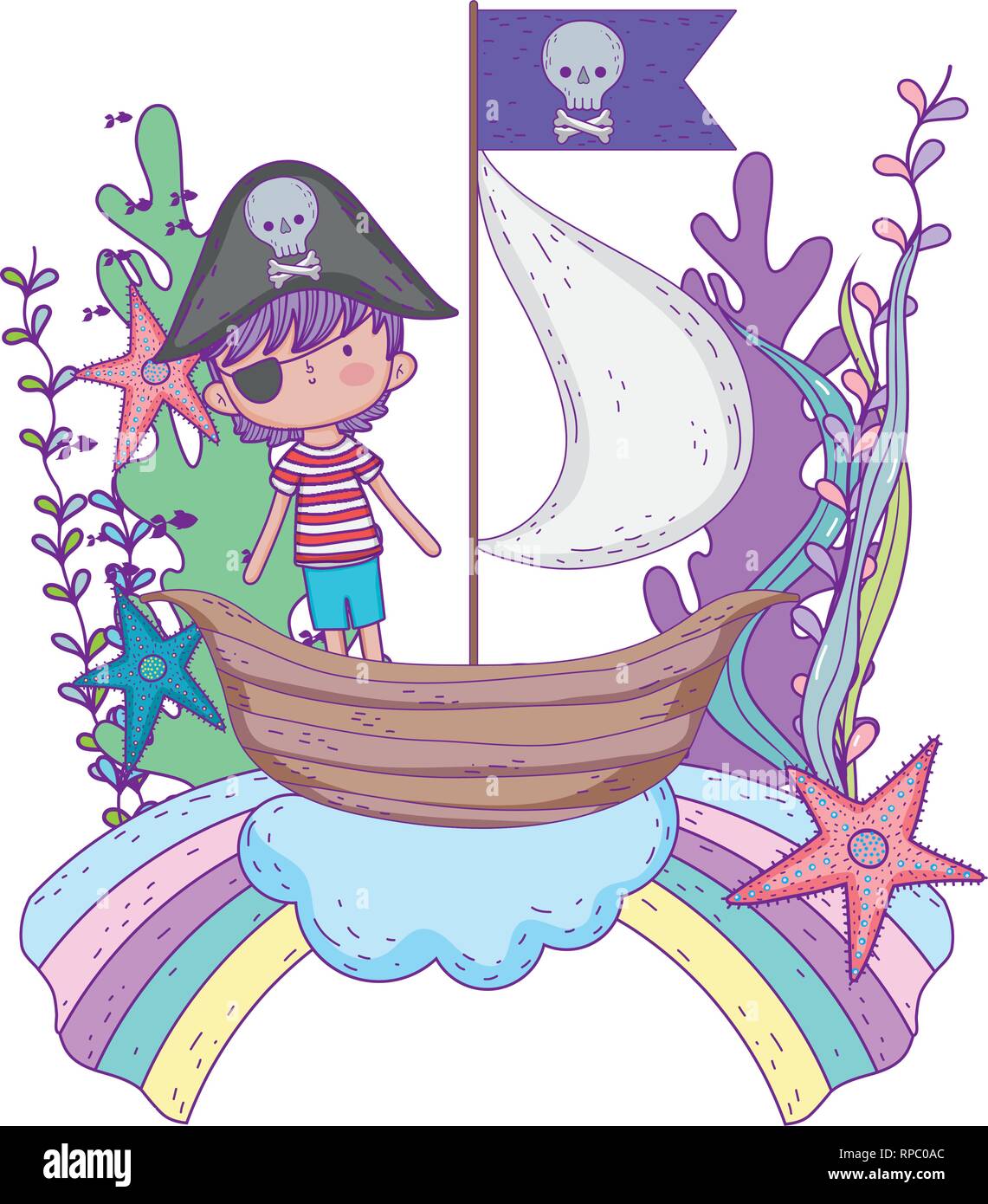 little pirate in boat with rainbow Stock Vector Image & Art - Alamy
