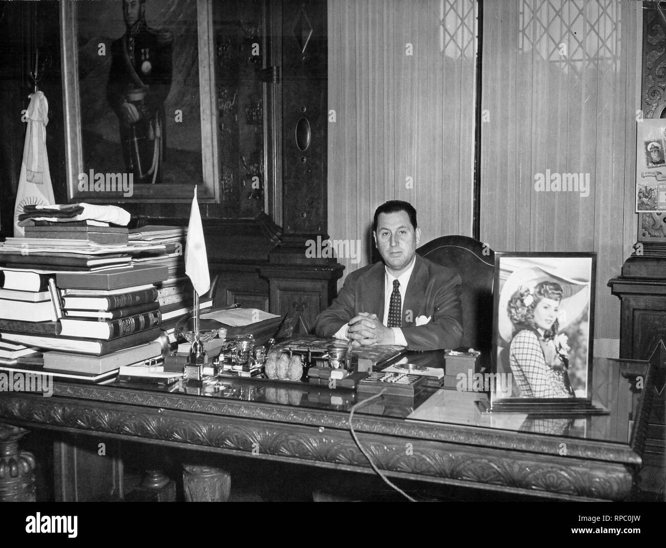 Former Argentinian President, Juan Domingo Peron, at the presidential office in Casa Rosada (House of Goverment) - Year 1948 Stock Photo