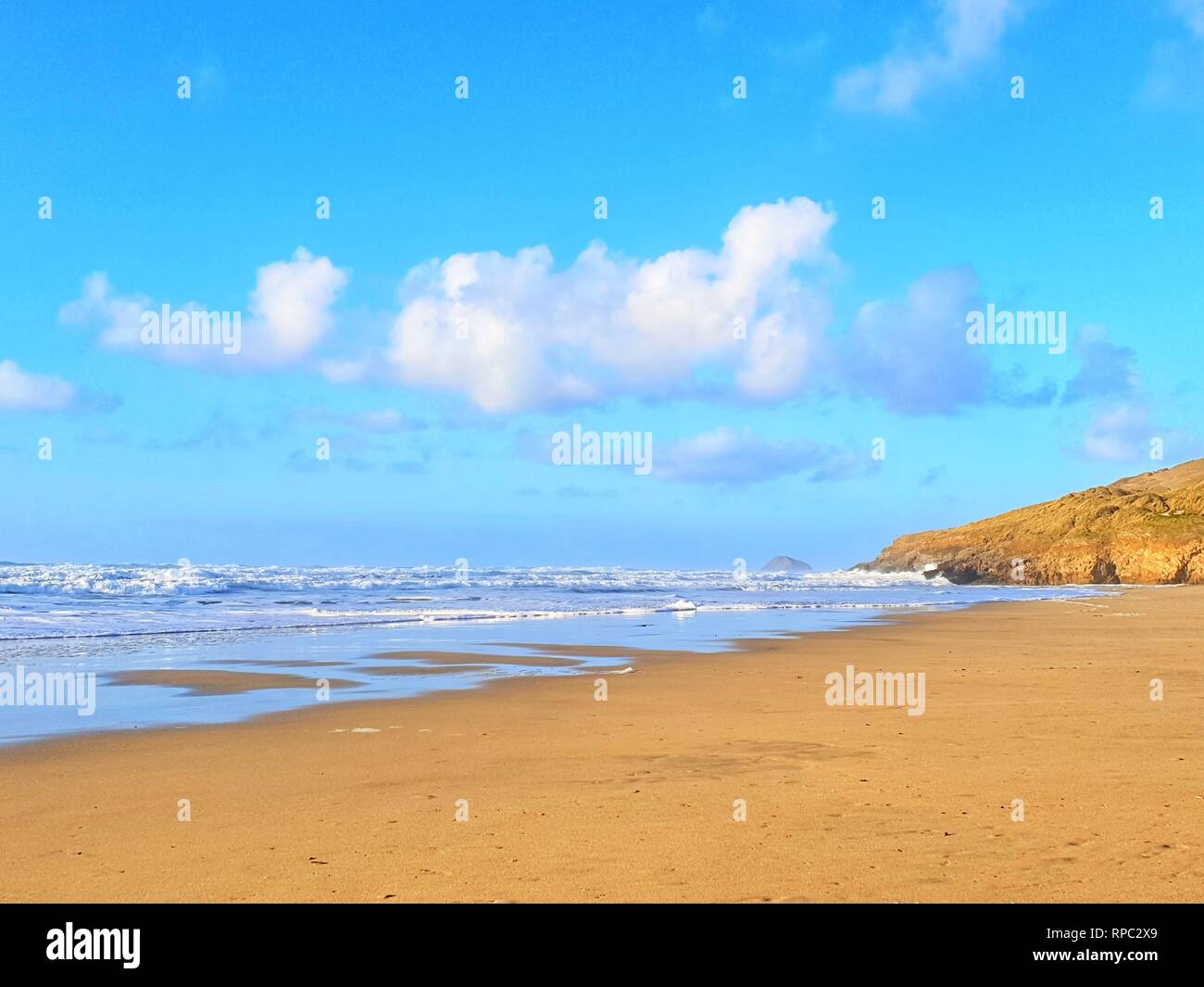 Perranporth Beach in Cornwall, United Kingdom. Stock Photo