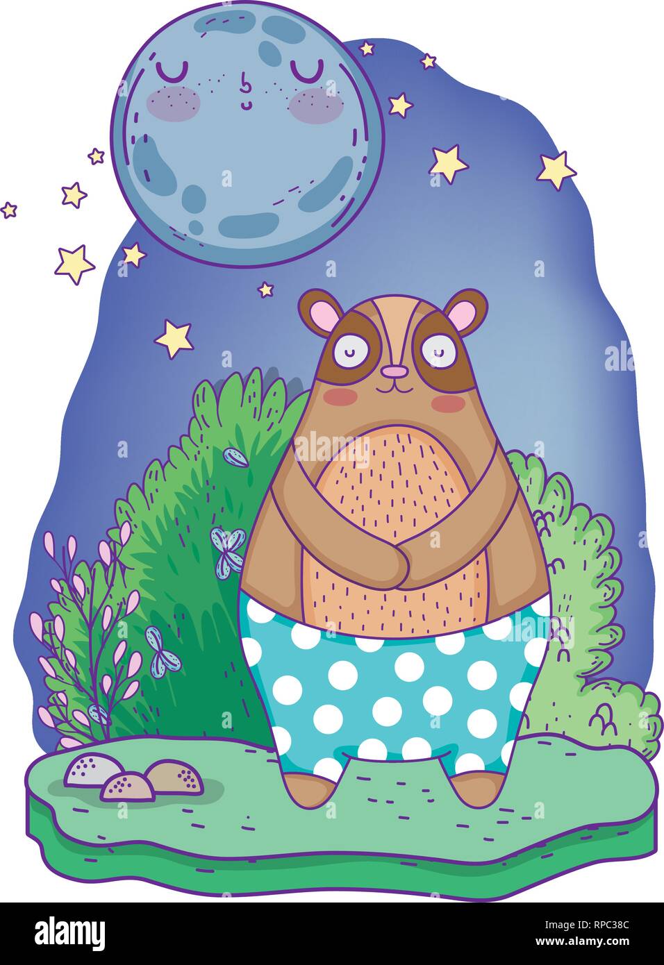 little bear teddy with moon kawaii in the landscape Stock Vector Image ...