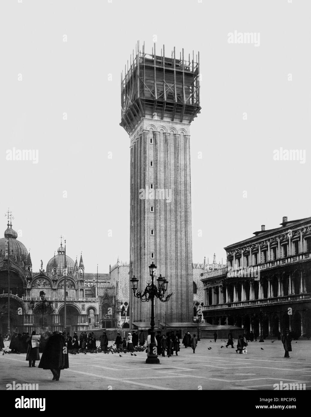 italy, veneto, venice, piazza san marco in venice, reconstruction of the bell tower, 1905-10 Stock Photo