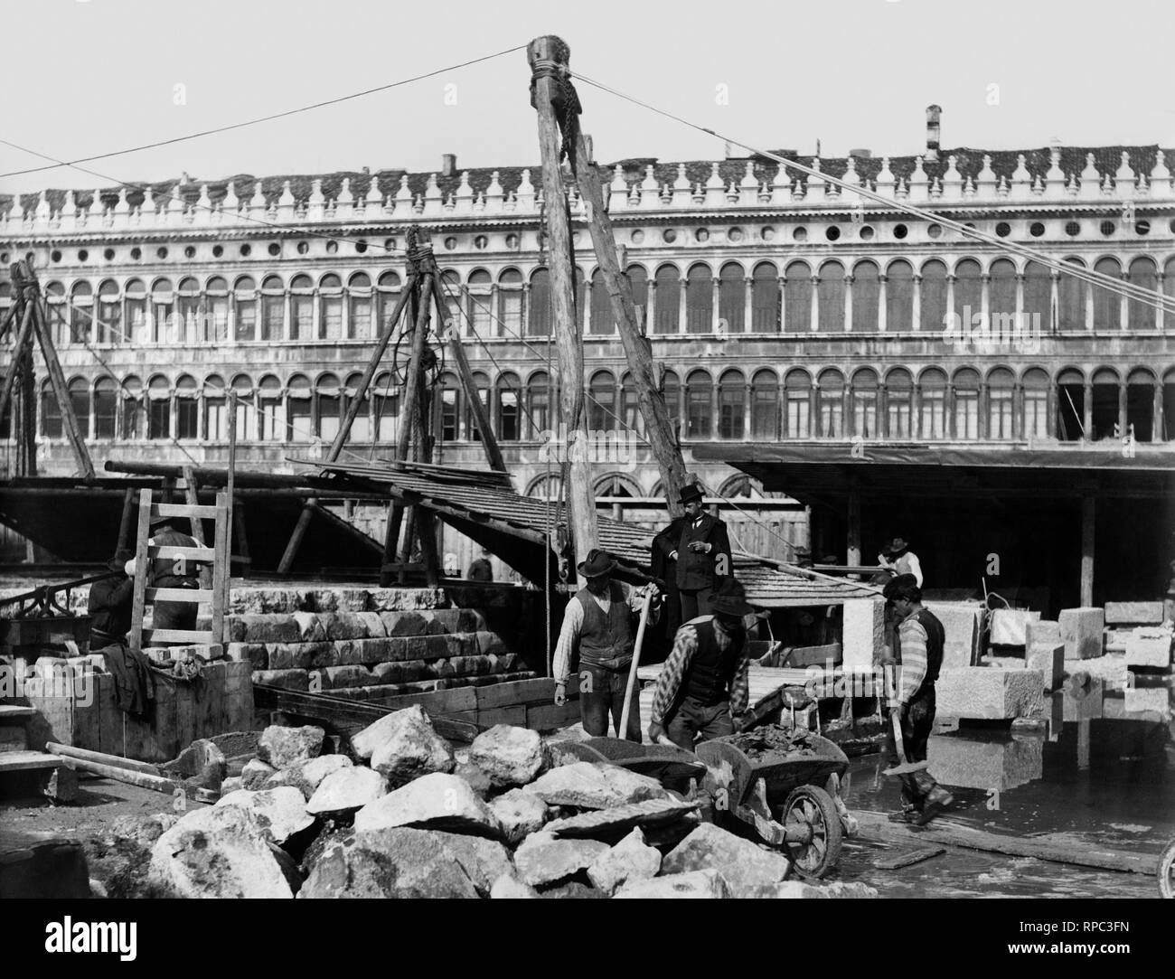 italy, veneto, venice, piazza san marco in venice, reconstruction of the bell tower, 1903-05 Stock Photo