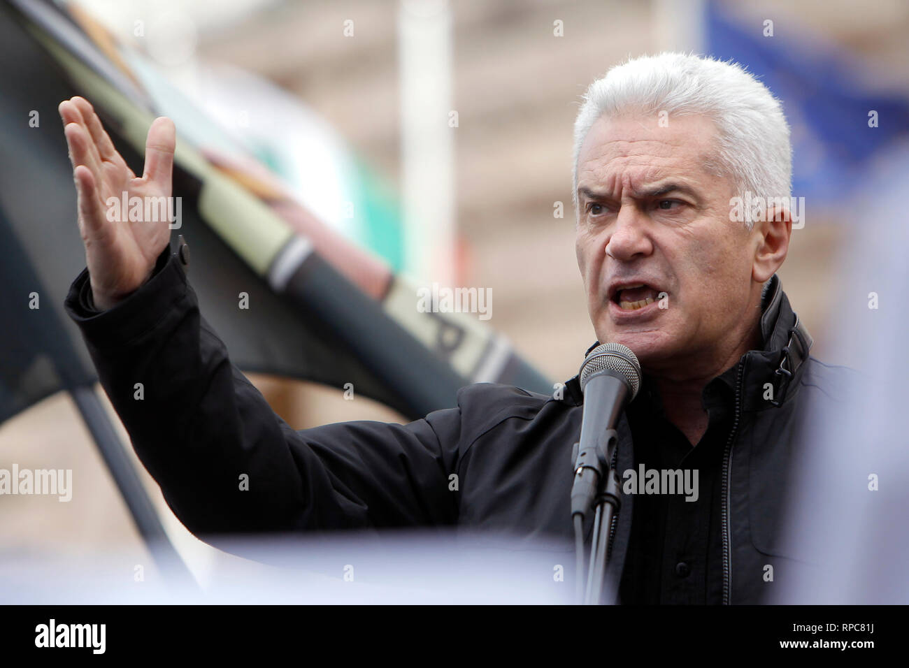 SOFIA, BULGARIA - SEPTEMBER 24: Bulgarian nationalist party 'Ataka' leader Volen Siderov speaks during rally in Sofia, Sept 24, 2014. Stock Photo