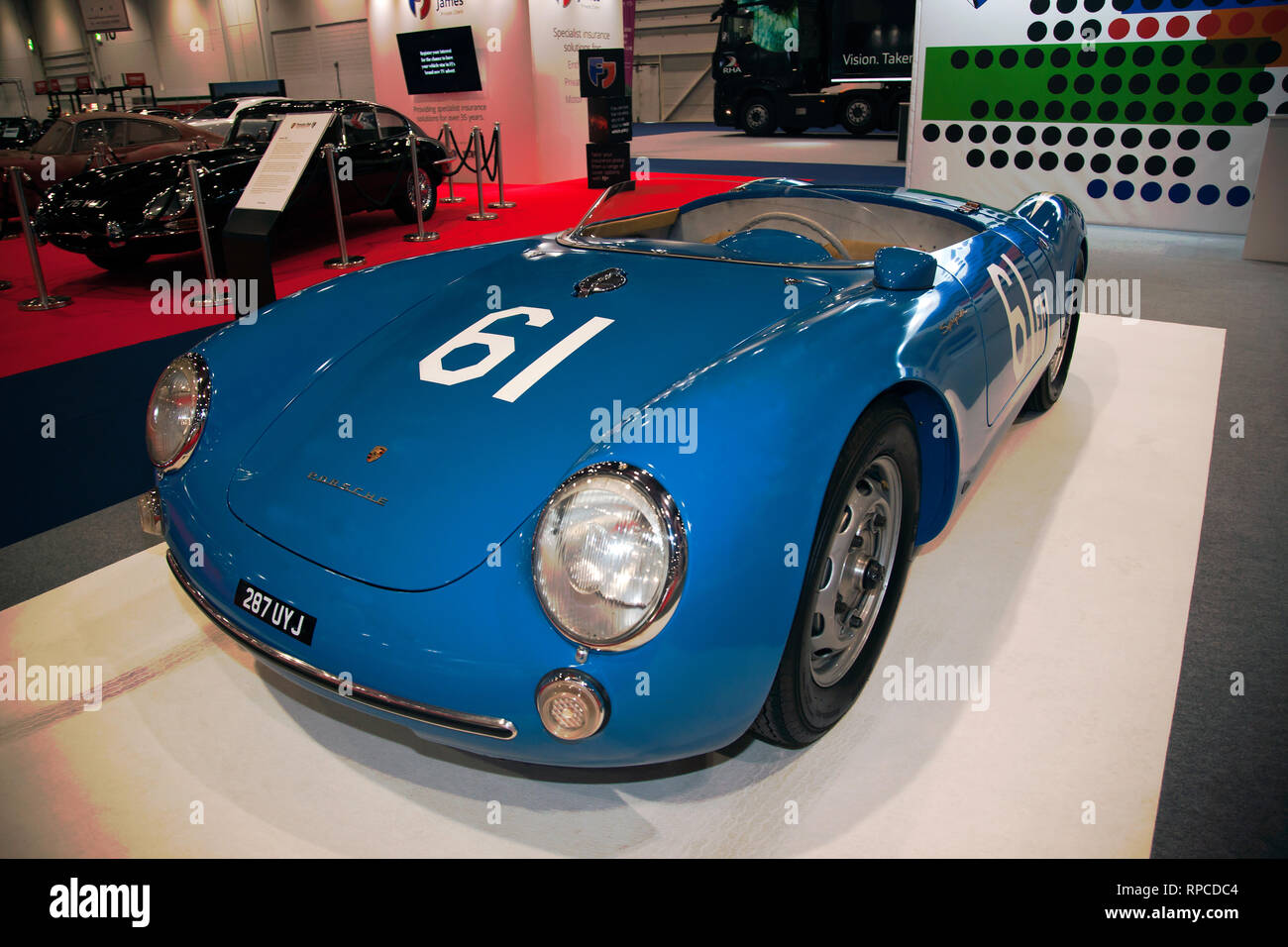 Three-quarters front view of a 1955, Porsche 550, on display at the 2019 London Classic Car Show Stock Photo