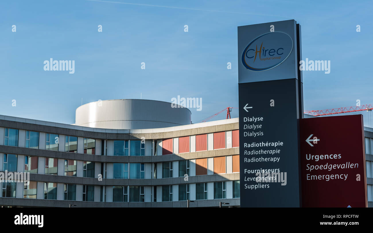 Auderghem, Brussels / Belgium - 02 18 2019: Facade and direction signs at the entrance of the CHIREC hospital Stock Photo
