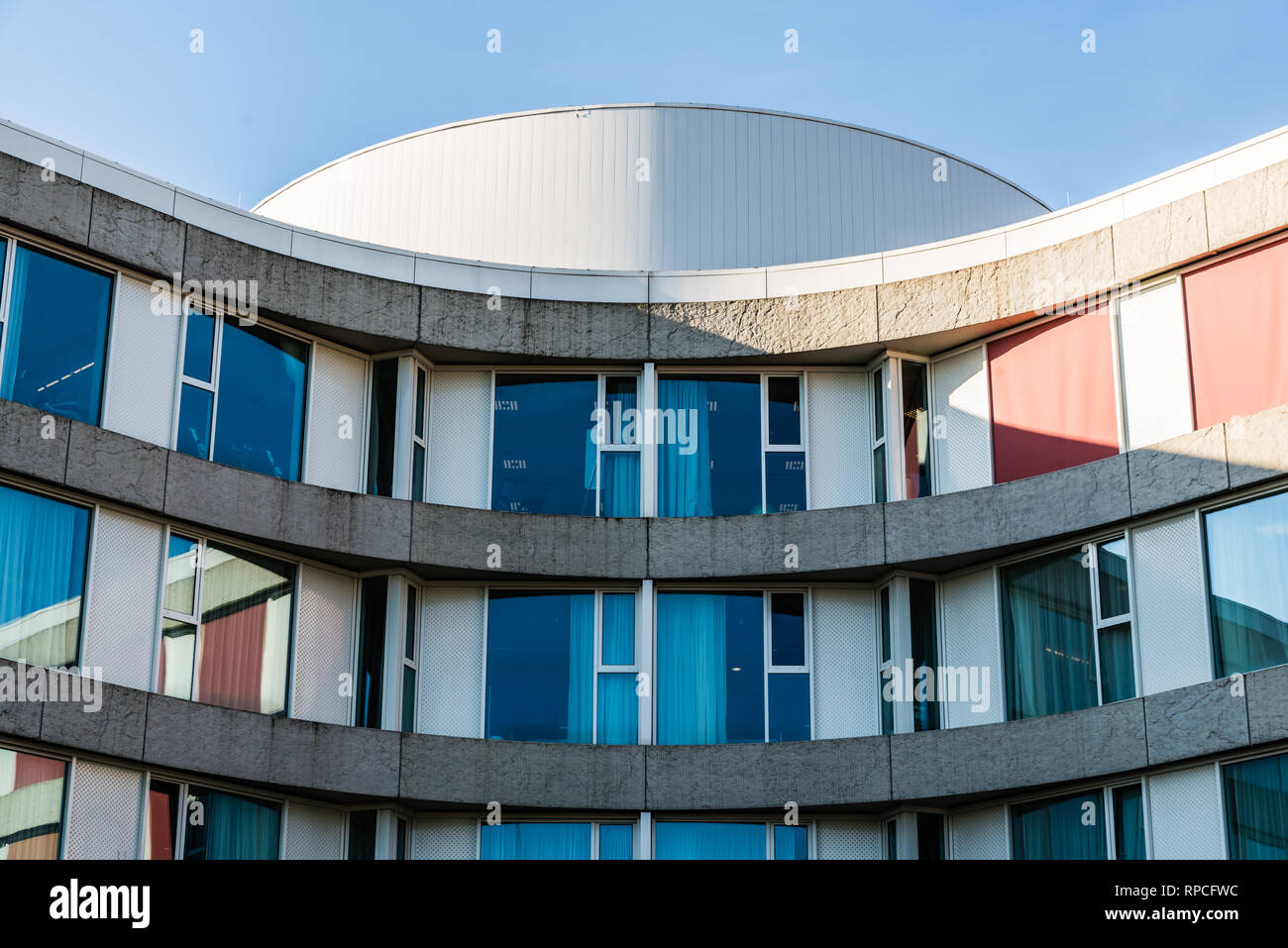 Auderghem, Brussels / Belgium - 02 18 2019: Round shaped facade of the new CHIREC hospital Stock Photo
