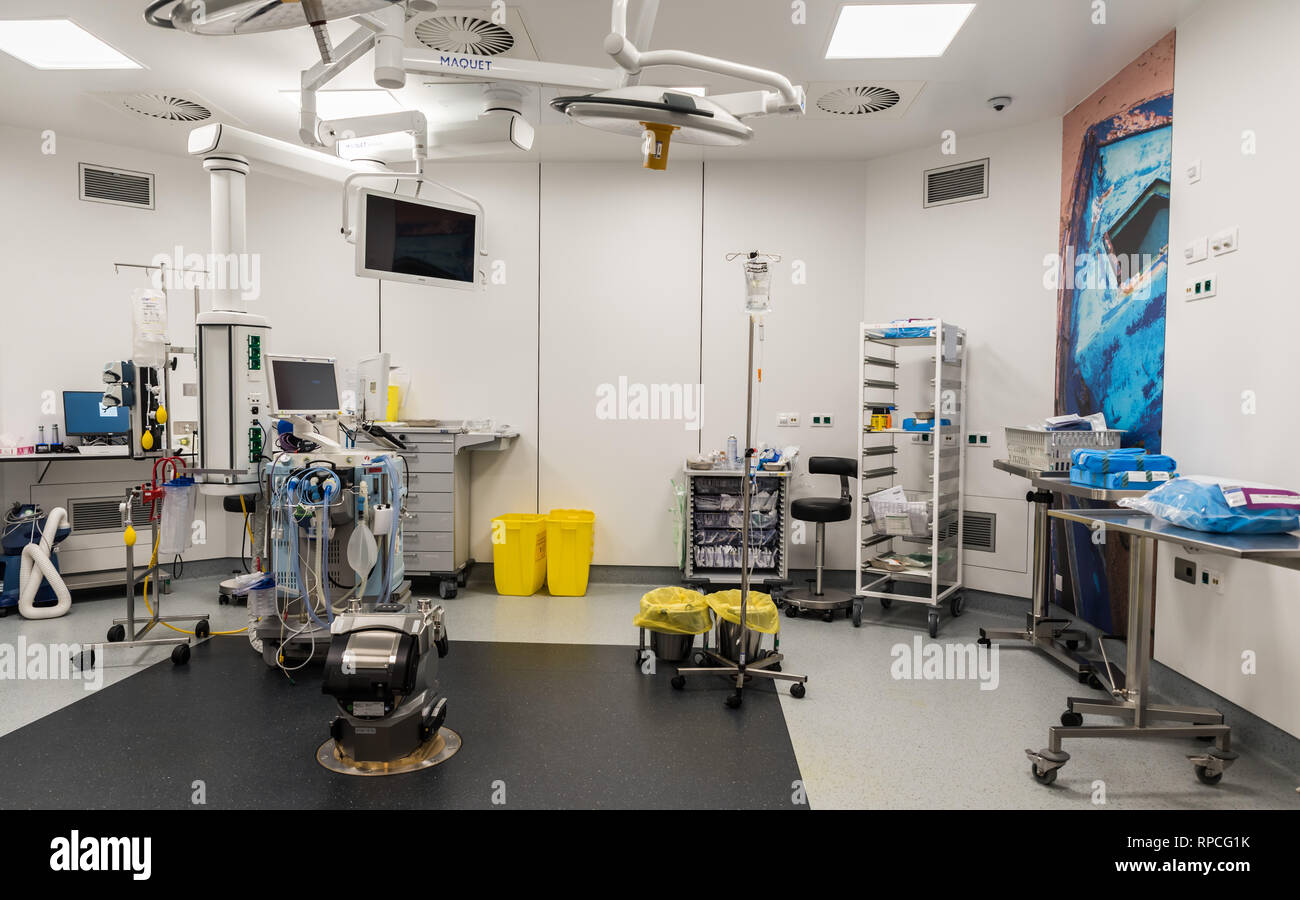 Auderghem, Brussels / Belgium - 02 18 2019: Empty surgery room with full medical equipment ready Stock Photo