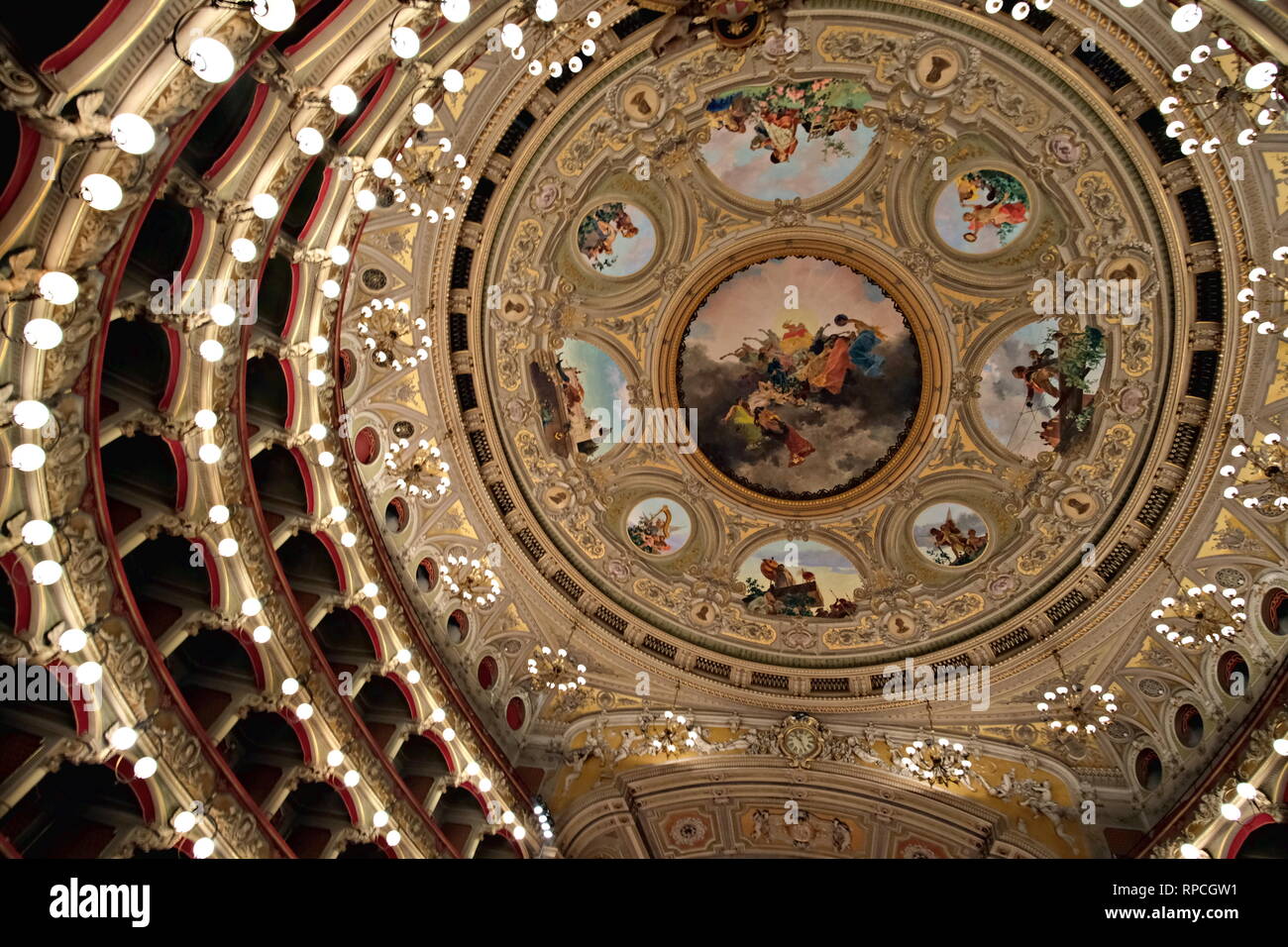 interior view of the ceiling decorations of Teatro Massimo dedicated to Vincenzo Bellini in Catania Stock Photo
