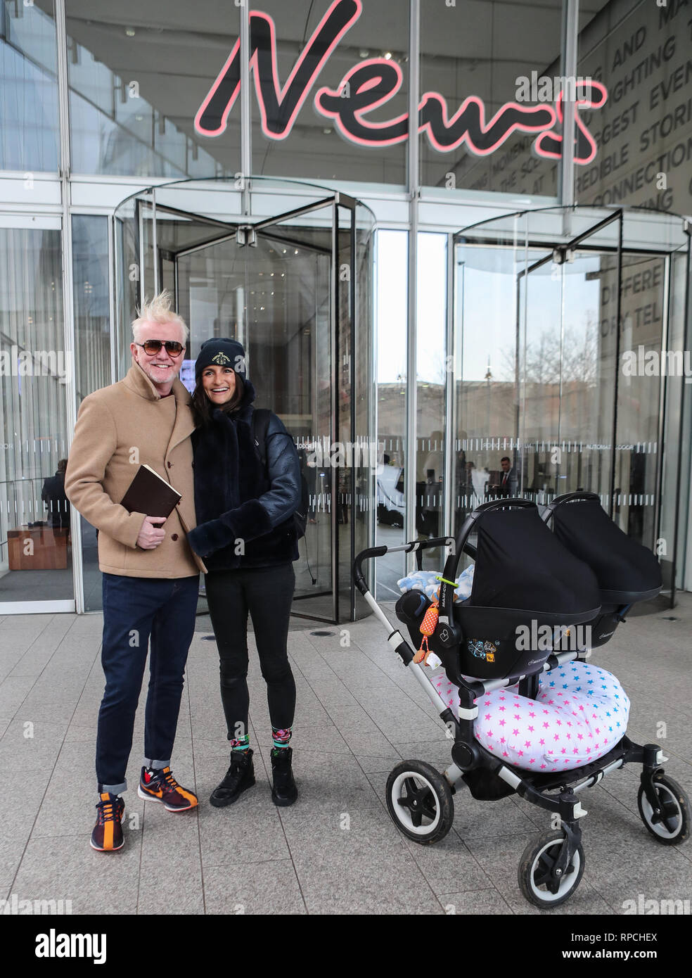 Chris Evans leaves the News Building with his wife, Natasha Shishmanian and  their twins, after his first breakfast show on Virgin radio Featuring:  Chris Evans, Natasha Shishmanian Where: London, United Kingdom When: