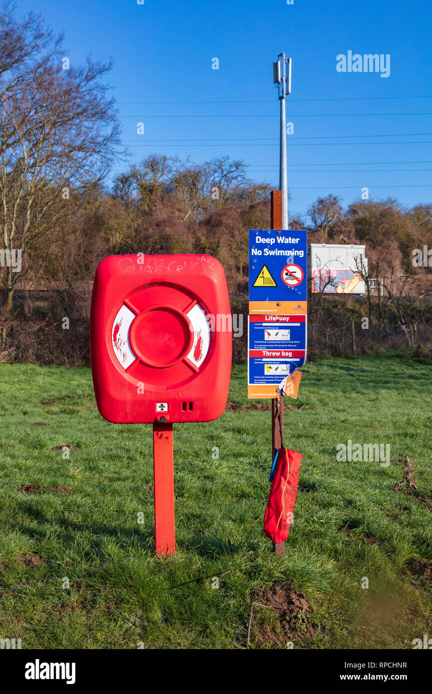 Water safety equipment on the River Medway Valley Walk near Barming, Maidstone, Kent, UK Stock