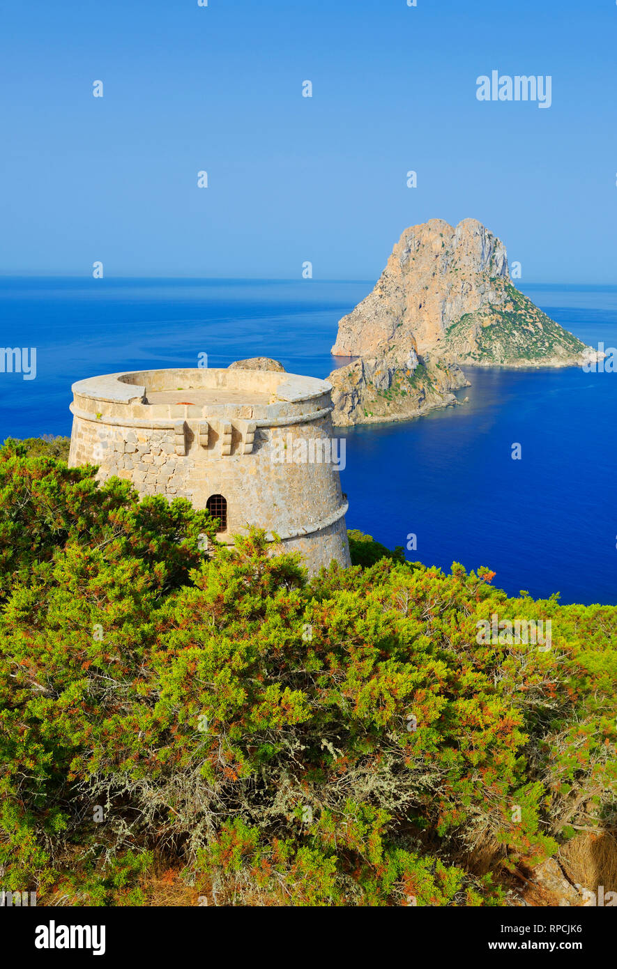 Torre des Savinar and Es Vedra Islands in background, Ibiza, Balearic Islands, Spain, Stock Photo