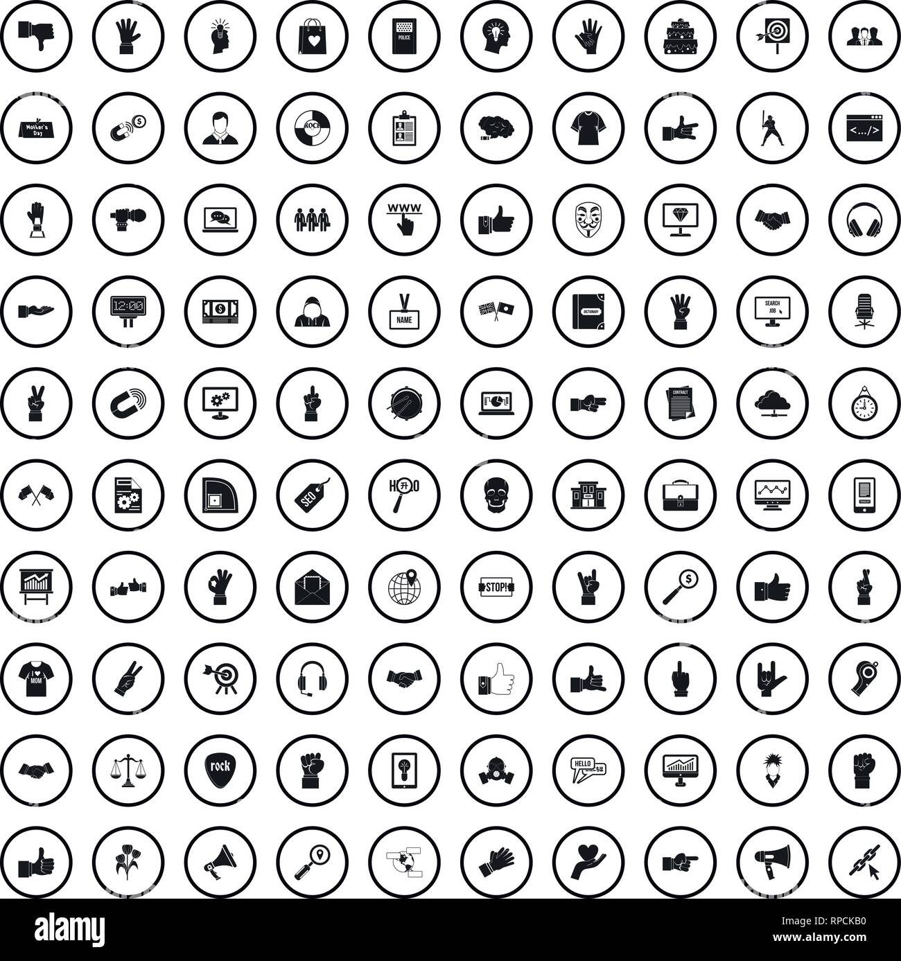 100 different gestures icons set, simple style  Stock Vector