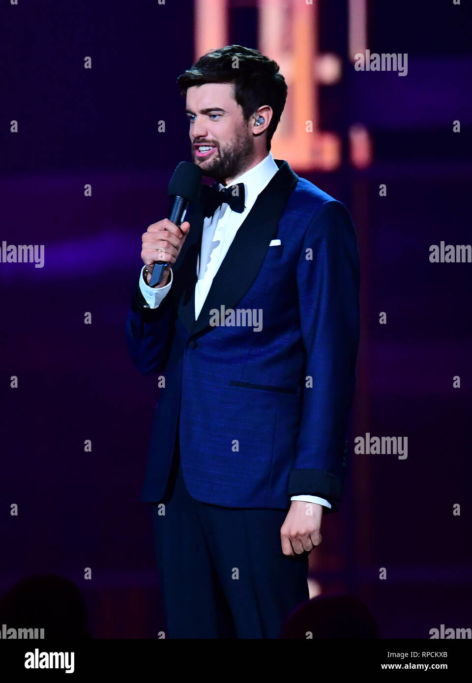 Jack Whitehall on stage at the Brit Awards 2019 at the O2 Arena, London, the host Jack Whitehall's quip about fathers grabbing 'scatter cushions' following Little Mix's performance did not please all viewers. Stock Photo