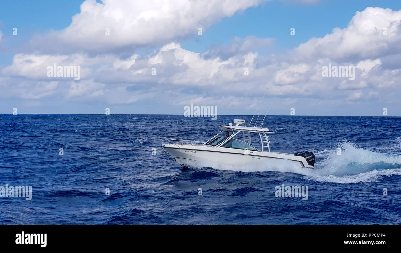 17 January 2018 - Nassau, Bahamas. Boston whaler boat jumping the waves in the sea and cruising the blue ocean day in Bahamas. Blue beautiful water Stock Photo