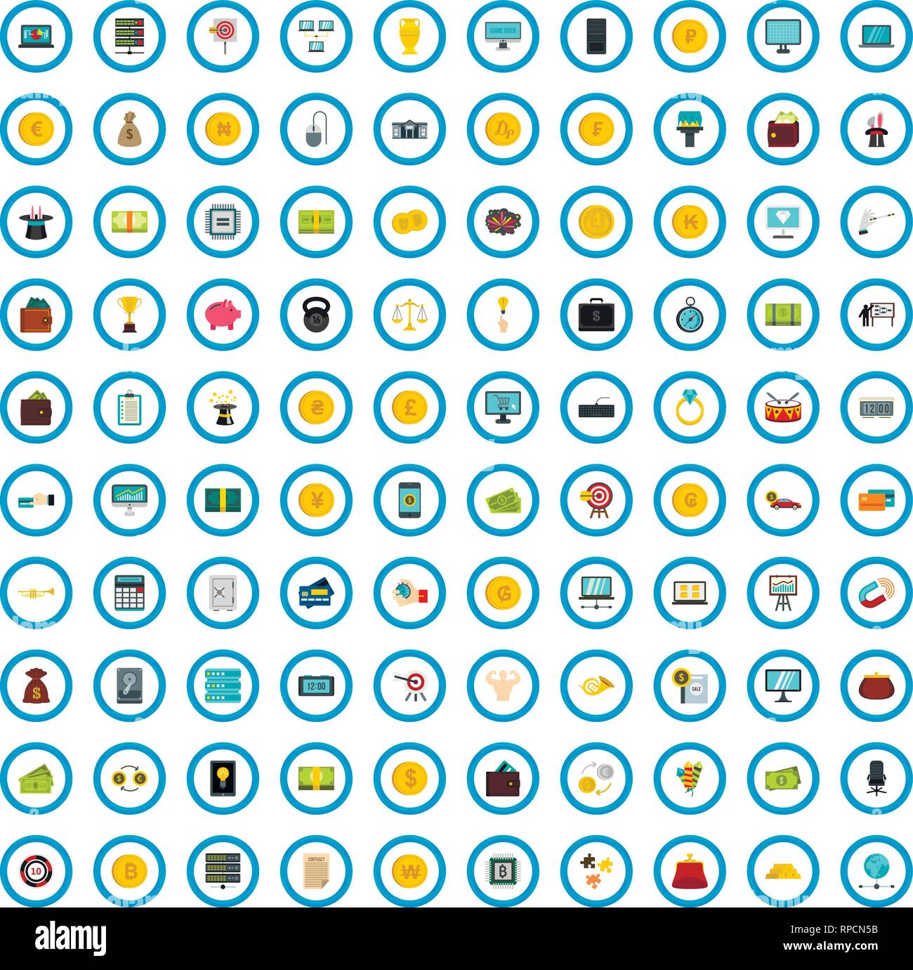 100 bitcoin investigation icons set, flat style Stock Vector