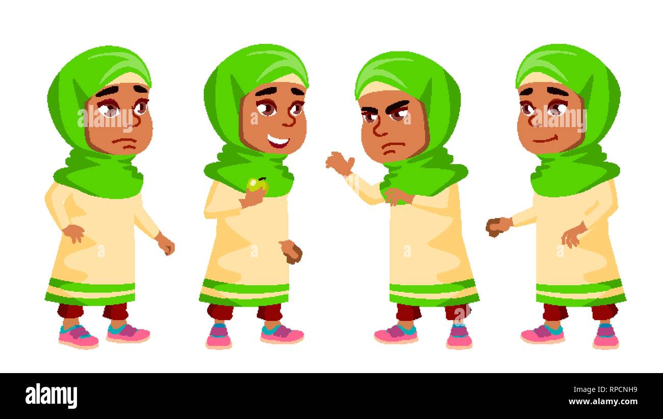 Arab, Muslim Girl Kindergarten Kid Poses Set Vector. Friendly Little Children. Cute, Comic. For Web, Brochure, Poster Design. Isolated Cartoon Stock Vector